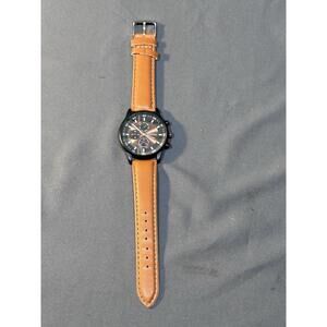 Geneva men's quartz watch with a black case and a brown faux leather strap #216